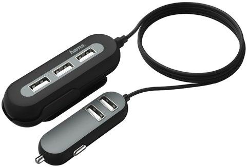 Kabelová USB nabíječka do vozidla 2+3, AutoDetect, 10 A, 2 m - pro všechna zařízení umožňující nabíjení/napájení přes USB konektor - 2+3: 2 USB zásuvky na nabíječce + 3 USB zásuvky na prodlužovacím