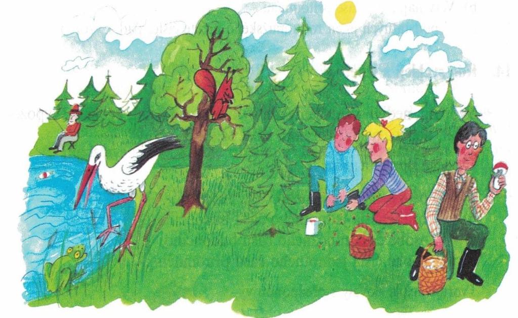 Pozorně se podívejte na obrázek před sebou. Zkuste vytvořit alespoň čtyři věty o tom, co dělají osoby, zvířata a věci na obrázku.