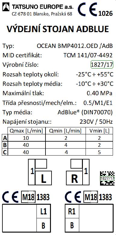 stojanu a modulu TATSUNO EUROPE a.s. Jméno a adresa výrobce výdejního stojanu Označení stojanu znamená, že je navržen, vyroben a označen v souladu s direktivami Evropské Komise.