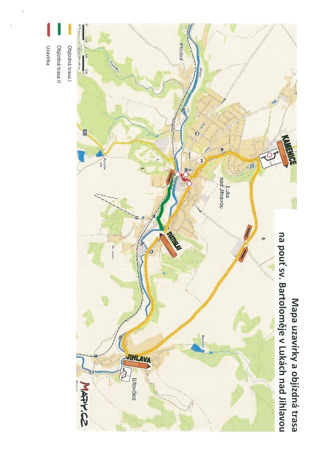 Mapa uzavírky a objízdná trasa na pouť sv. Bartoloměje v Lukách nad Jihlavou N * \.