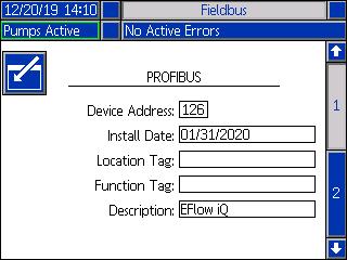 PROFIBUS Obrazovka PROFIBUS 1 Tato obrazovka umožňuje uživateli nastavení adresy zařízení, data
