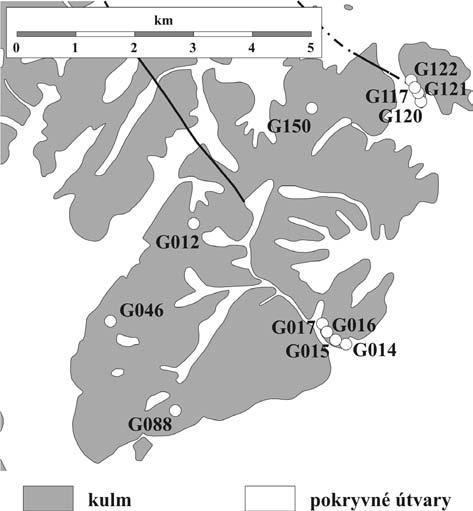 53 Obr. 1: Schematická mapa studovaných lokalit. Fig. 1: Schematic map of studied sites. Obr. 2: Konturový diagram pólů ploch vrstevnatosti a bodové diagramy pólů kliváže a vrásových os ve studovaném území.