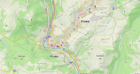 po žluté vpravo po mostě pro pěší přes řeku Jizeru vlevo po silnici cca 300 metrů před poštou vpravo vzhůru podél Ponikelského potoka po 600 m se držte vpravo vlevo po silnici a cyklotrase K8 u