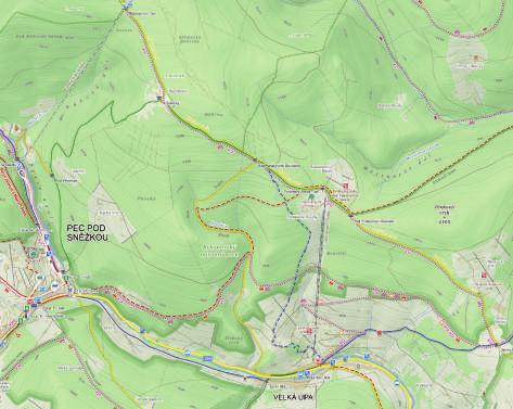 Herní krajina Pecka po žluté Janovy Boudy vpravo po modré Velké Úpa 6,6 km Herní krajina Pecka Poštovna Anežka Děčínská bouda Horská bouda Růžohorky Linkovými autobusy, linkou č.