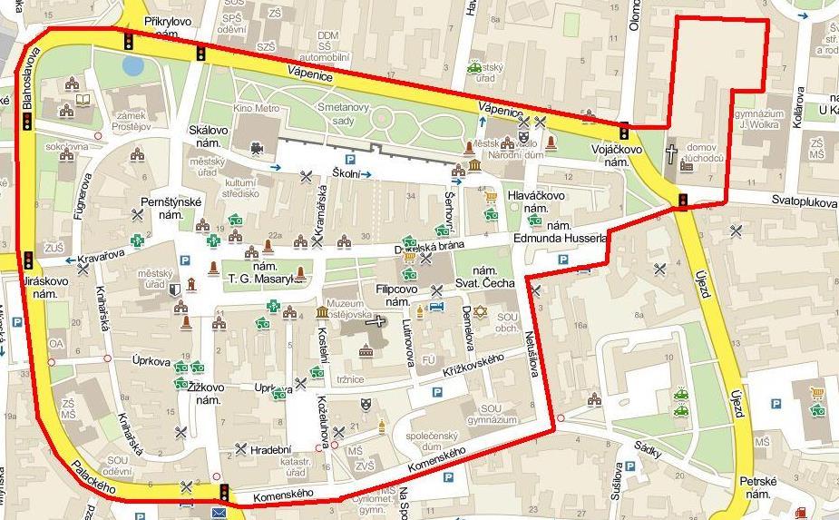 Příloha č. 3 k Nařízení statutárního města Prostějova č. 2/2020, kterým se vydává TRŽNÍ ŘÁD Mapa území městské památkové zóny v Prostějově: Zdroj: http://www.mapy.cz Vysvětlivky 1. Zákon č.