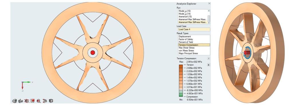 Nakonec jsem ještě tento tvar rotoru nechal opět rotovat 25000 RPM. Z grafického znázornění je patrné, že k největšímu namáhání dochází u tohoto nového tvaru v místě styku paprsků s vnější obručí.