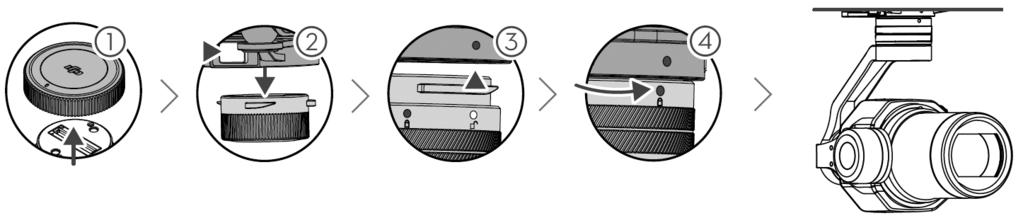 Upevnění objektivu Při upevňování objektivu na tělo kamery se řiďte následujícím postupem. Instalace objektivu je popsána na příkladu objektivu DJI DL 24mm F/2.8 LS ASPH. 1.