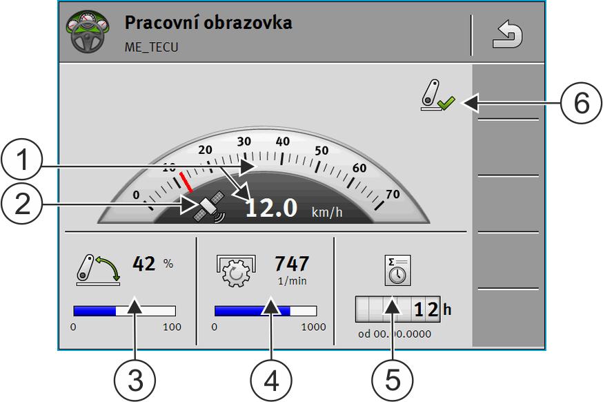 Aplikace Tractor-ECU Pracovní obrazovka 8 8 Aplikace Tractor-ECU Aplikace Tractor-ECU shrnuje na terminálu všechny informace o vozidle, ve kterém je osazen terminál.