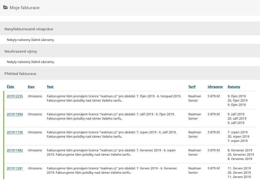 11 Moje fakturace V levé spodní části najdete všechny Vám vystavené faktury za poslední rok.