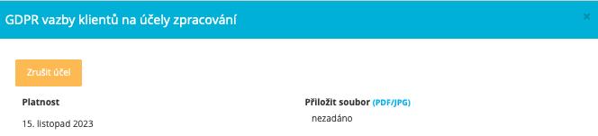 Klikněte na klienta ve výpise, aby se zobrazil jeho detail a zde klikněte na tlačítko GDPR účely.