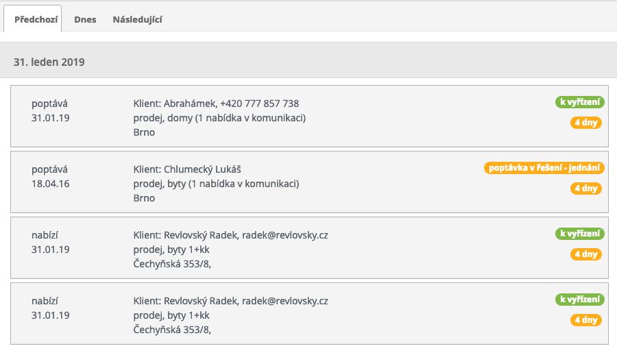 52 Komunikaci k jednotlivým požadavkům lze ručně zapisovat buď z panelu přes pole vložit nabídku, poptávku, požadavek nebo z detailu nabídky, poptávky a klienta přes tlačítko požadavky.