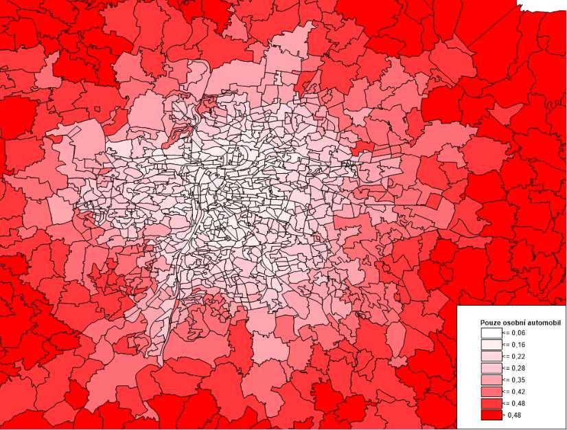 Obrázek 27 Podíly výdělečně činných osob v jednotlivých dopravních zónách, které disponují pouze osobním automobilem Zdroj: Vlastní zpracování Při srovnání posledních dvou obrázků se jasně ukazuje