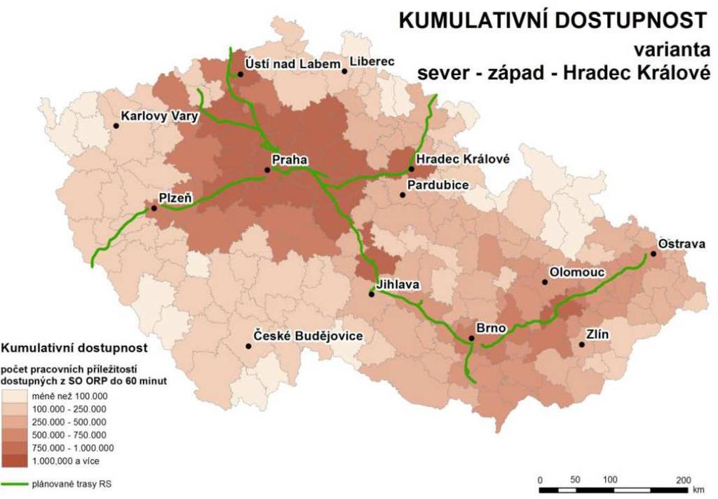 Obrázek 9 Kumulativní dostupnost počet pracovních míst dostupných z SO ORP do 60 minut pro severní variantu RS Praha Brno a hradeckou variantu RS směr Vratislav Výpočet potenciální dostupnosti byl