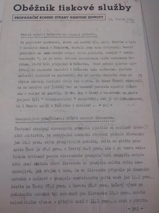 11. Ukázka oběžníku propagační komise strany Národní jednoty. 18 18 Autor fotografie: Mgr.