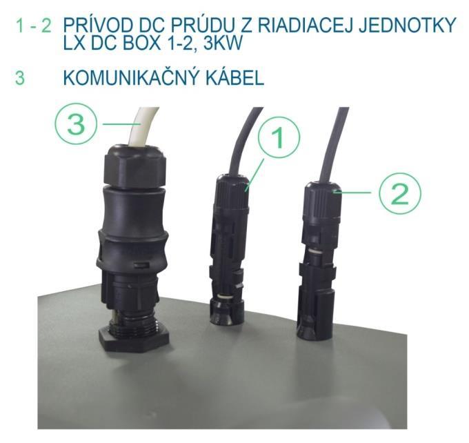 2.4.2 ZAPOJENÍ FOTOVOLTAICKÉHO ZDROJE - DC Obrázek 8a Zásobník vody po zavěšení na stěnu připojte kabely k řídící jednotce LXDC BOX 1-2,30kW. Kabely jsou součástí balení LXDC BOX 1-2,30kW.