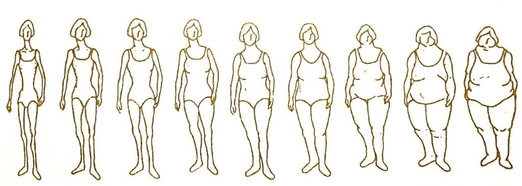 behaviorální zjišťování (ukazatele obav o tělesné rozměry a jejich regulace pomocí diet), dotazníky spokojenosti, sémantický diferenciál, siluety.