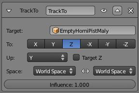 Tyto pohyby jsou zaručeny Constraintem Track To (viz. Obrázek 31). Je důležité, aby středy obou hlavních částí pístů byly nastaveny v místech, kde jsou pevného spoje.