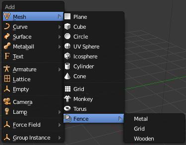 Obrázek 37) a přidá do menu pro přidávání nových Mesh objektů volbu menu Fence (plot) s možností výběru ze tří oplocení Metal, Grid a Wooden (viz. Obrázek 38).