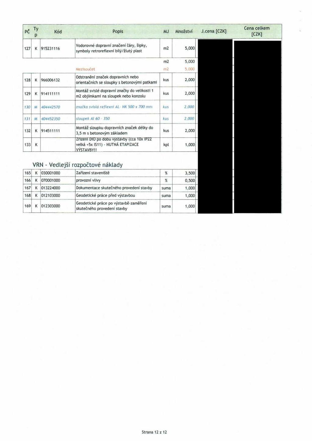 PČ Ty Kód Popis MJ Množství J.cena [CZK] Cena cekem p [CZK] 127, K 915231116 Vodorovné dopravní značení Čáry, šipky?