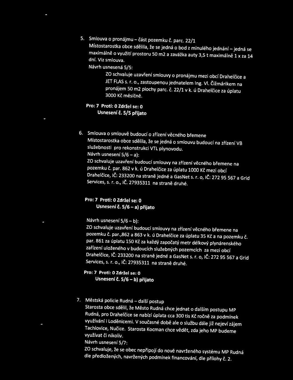 Návrh usnesená 5/5: ZO schvaluje uzavření smlouvy o pronájmu mezi obcí Drahelčice a JET FLAS s. r. o., zastoupenou jednatelem Ing. VI. Čižmárikem na pronájem 50 m2 plochy parc. č. 22/1 v k.