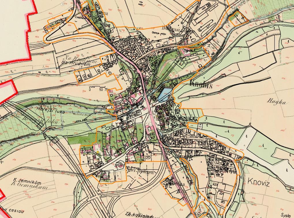 2 - KNOVÍZ SUPERPOZICE CPO (asi 1840) A KATASTRÁLNÍ MAPY (2012) 3 - KNOVÍZ ORTOFOTOMAPA (2012) Návrh urbanistické struktury vychází z výše