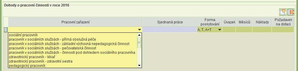 Otevře se formulář Dohody o provedení práce: Nový záznam dohody Smazání záznamu dohody Určení formy poskytování Zařazení dohody do přímé péče K dispozici není žádný číselník typů dohod nebo