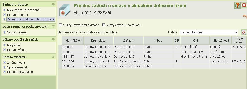 12 Žádosti v aktuálním dotačním řízení Jelikož se na každého vyhlašovatele podává samostatná žádost, úloha Žádosti v aktuálním dotačním řízení nabízí seznam všech vašich sociálních služeb s uvedením