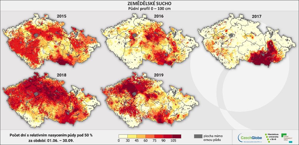 Obr. 4. Počet dnů s relativním nasycením půdního profilu do 100 cm menším než 50 % za období 1. 6. 30. 9. (letní sucho) pro roky 2015 2019 8 AGRÁRNÍ PRODUKCE A JEJÍ BILANCE 8.