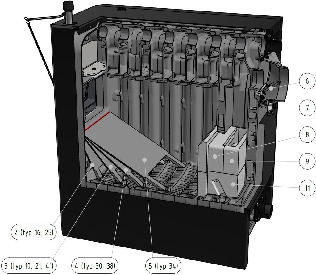 Rošt šikmý (Velikost kotle - typ 34) 6. Zkratovací klapa 7. Poklop čistící kouřového nástavce 8. Tvarovka horní přední 9. Tvarovka horní zadní 10. Tryska přívodu terciálního vzduchu 11.