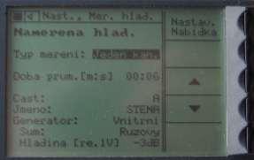 Namerena hlad. Typ mereni: Jeden kan., Dva kan. (Měření za pomoci jednoho, nebo dvou mikrofonů současně pro snímání L1 a L2.) Doba prum. 6s (Měla by být podle normy 6 s.