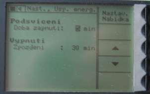 Úspora energie Opatření k úspoře kapacity baterie. Při nečinnosti přístroje dojde k aktivaci po zvolené době.