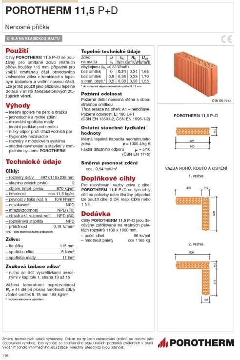 4.3.2 Akustické vlastnosti tvárnice Porotherm 11,5 P+D Obrázek 28 Katalogový list materiálu Porotherm 11,5 P+D dle výrobce. Zdroj [19]. Výrobce deklaruje (laboratorní) hodnotu Rw = 44 db.