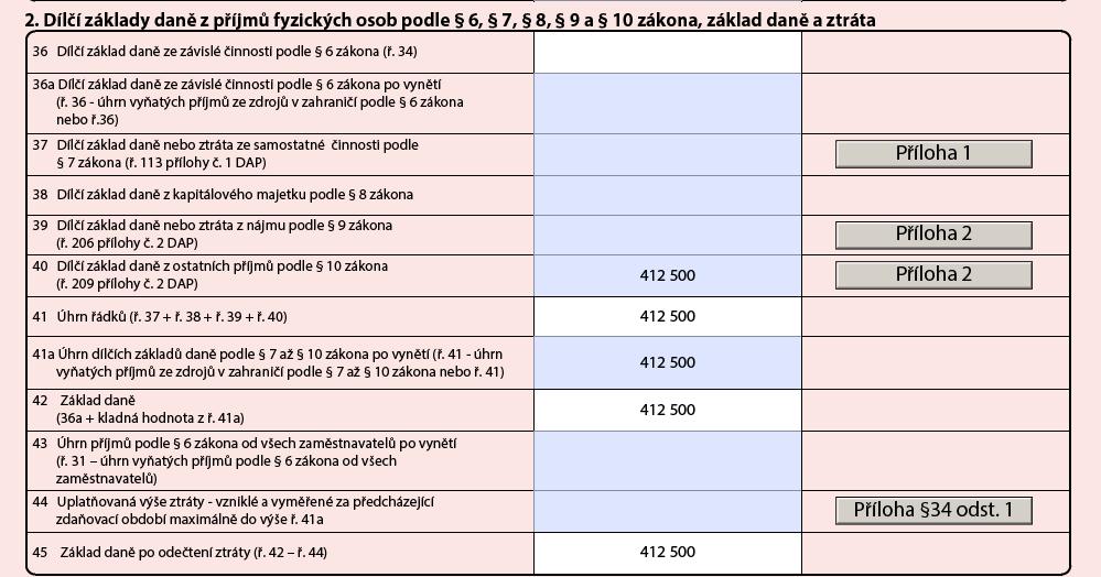 56, ř. 57, ř. 58, ř. 60, ř. 61, ř. 64, ř. 70, ř. 71, ř. 74, ř. 91 a v tabulce Přílohy DAP zadat číslo 1 jako počet listů k příloze č. 2.