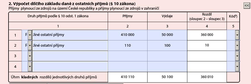 Vyplnění daňového přiznání k modelovému příkladu D K vyplnění daňového přiznání uživatel D využije taktéž interaktivní formulář DAP finanční správy, který mu automaticky vyplní součtové řádky.