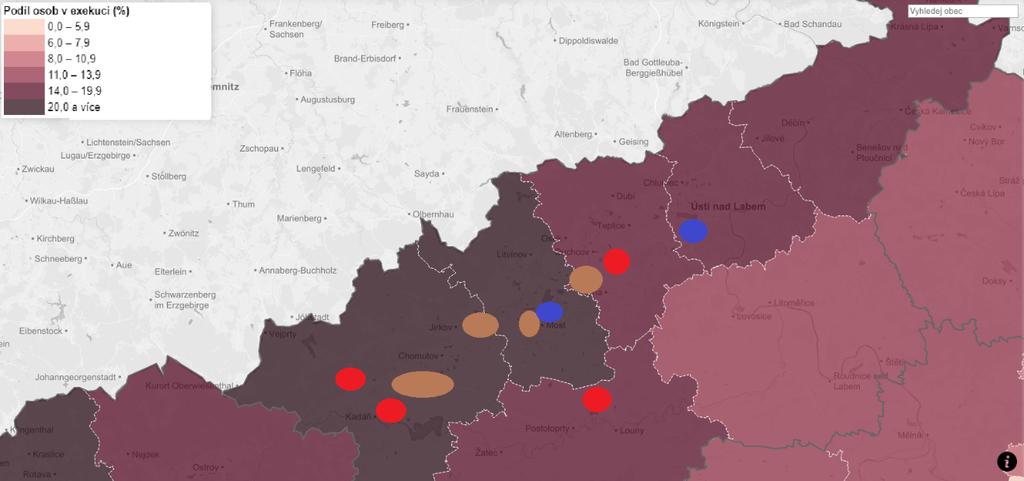 , Mapa exekucí 2017 Obrázek 8 - Podíl osob v exekuci - Ústecký kraj dle ORP