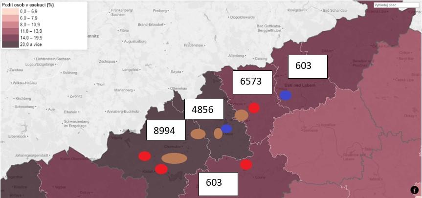 6.11 Zvýšení zadlužení osob ve městech a ORP dotčených útlumem těžby a útlumem výroby elektrické Jak bylo uvedeno v předchozích kapitolách, pracovní místa, která se budou rušit v souvislosti s