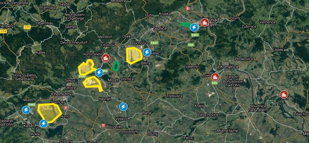 zbytkové jámy lomu Chabařovice - jezero Milada s rozlohou více než 4,87 km 2 a rekultivované území zbytkové jámy lomu Most - Ležáky - Mostecké jezero, které zaujímá plochu přes 5,48 km 2.