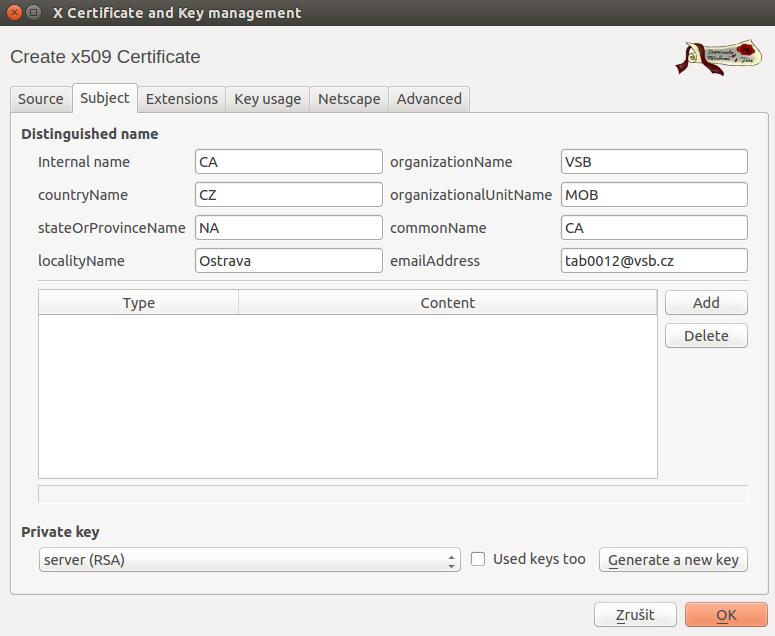XCA - Vytváření soukromého klíče Pro vytvoření certifikační autority klikneme na záložku Certificates a zde stiskneme tlačítko New Certificate, následně se zobrazí okno, pomocí kterého
