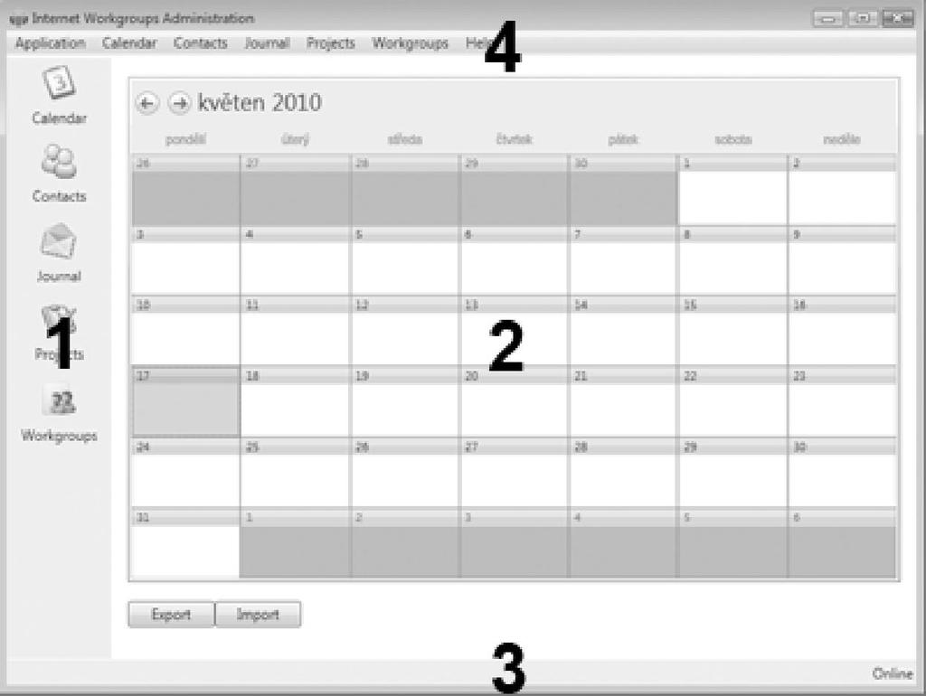 Obrázek 15 - Části hlavního okna Nastavení Standardní distribuce aplikace obsahuje pět základních modulů, které je možné využívat: Kalendář, kontakty, žurnál, správu projektů a správu pracovních
