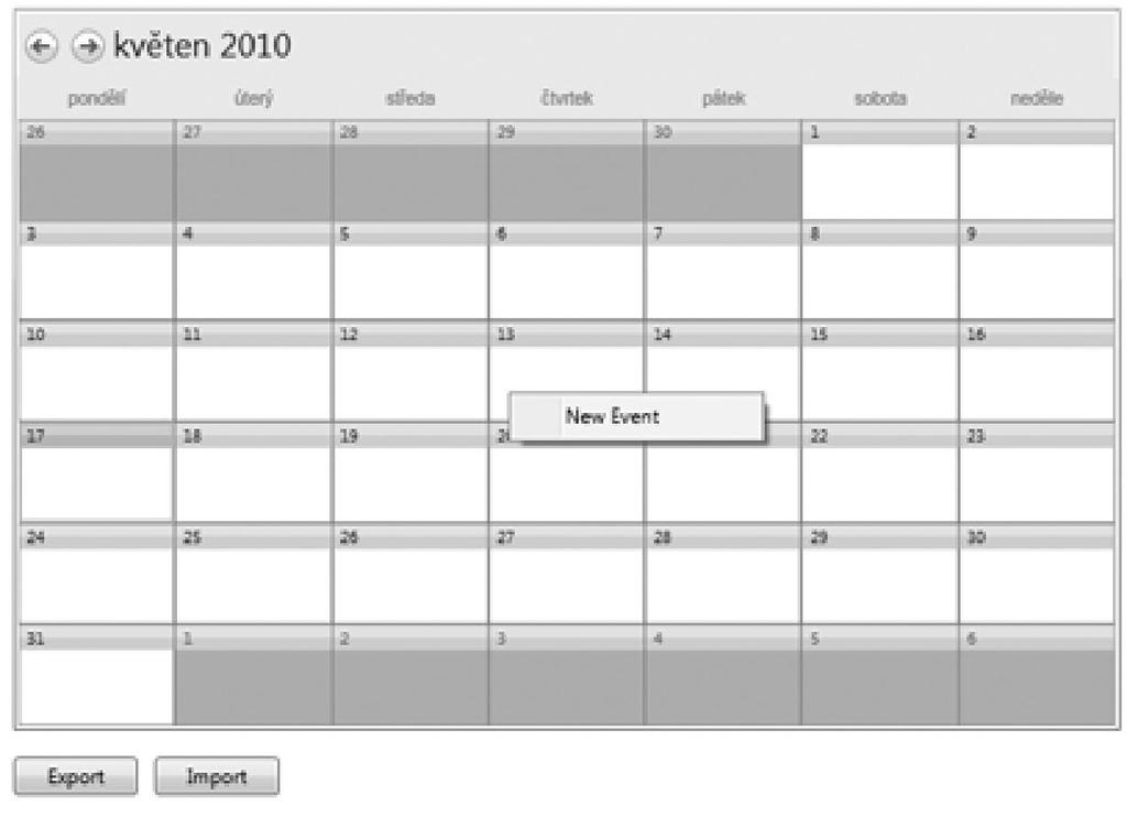 Obrázek 18 - Kalendář s kontextovým menu, určeným k vytvoření nové události Je možné vytvářet vlastní, soukromé události, které jsou viditelné pouze ve Vašem kalendáři.