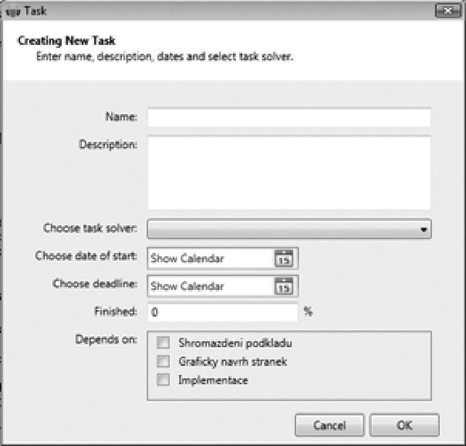 může tentokrát nahrávat také řešitel úkolu, a to kliknutím na tlačítko Upload File. V horní části se nachází tlačítko New Task, kterým může správce projektu vytvořit nový úkol.