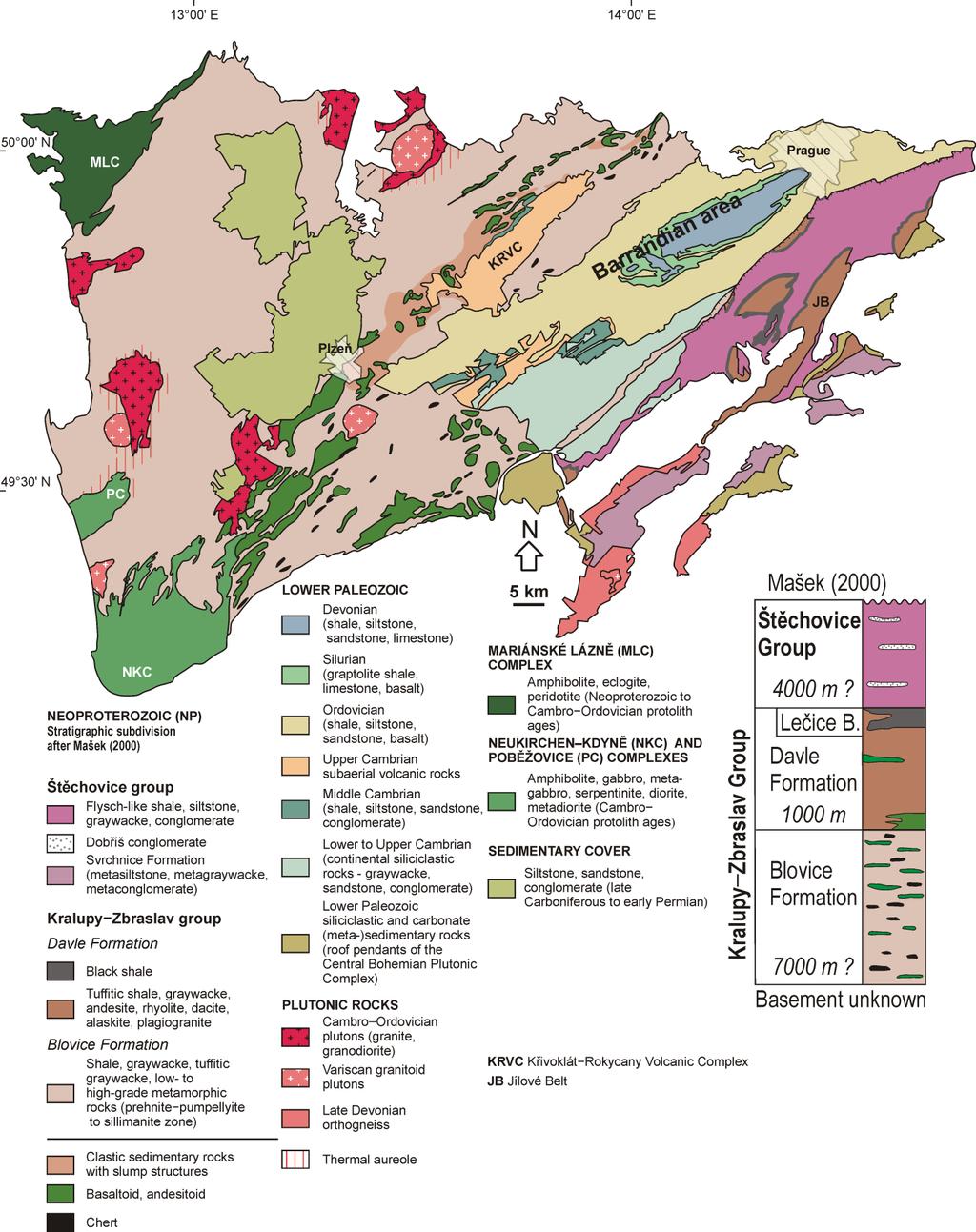 Obr. 8. Geologická mapa tepelsko barrandienské jednotky ( převzato od Kotková et al. 2010). Kříbek et al. 2000, Sláma et al.