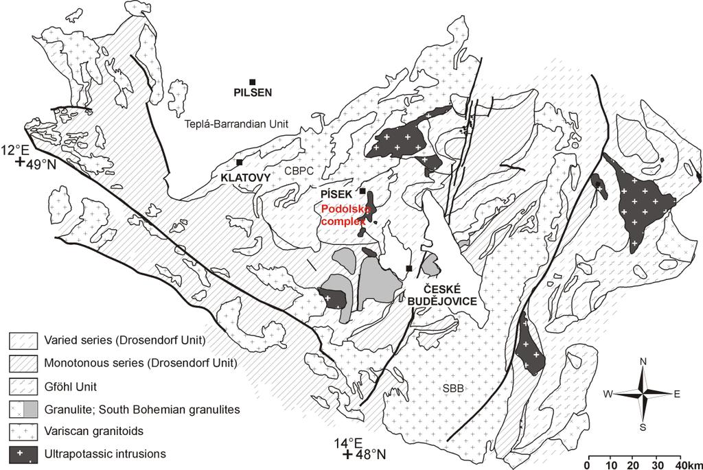Obr 10. Geologická mapa moldanubika (převzato od Verner et al 2008). východě je moldanubikum nasunuto moravsko slezskou jednotku a brunovistulikum podél tzv.