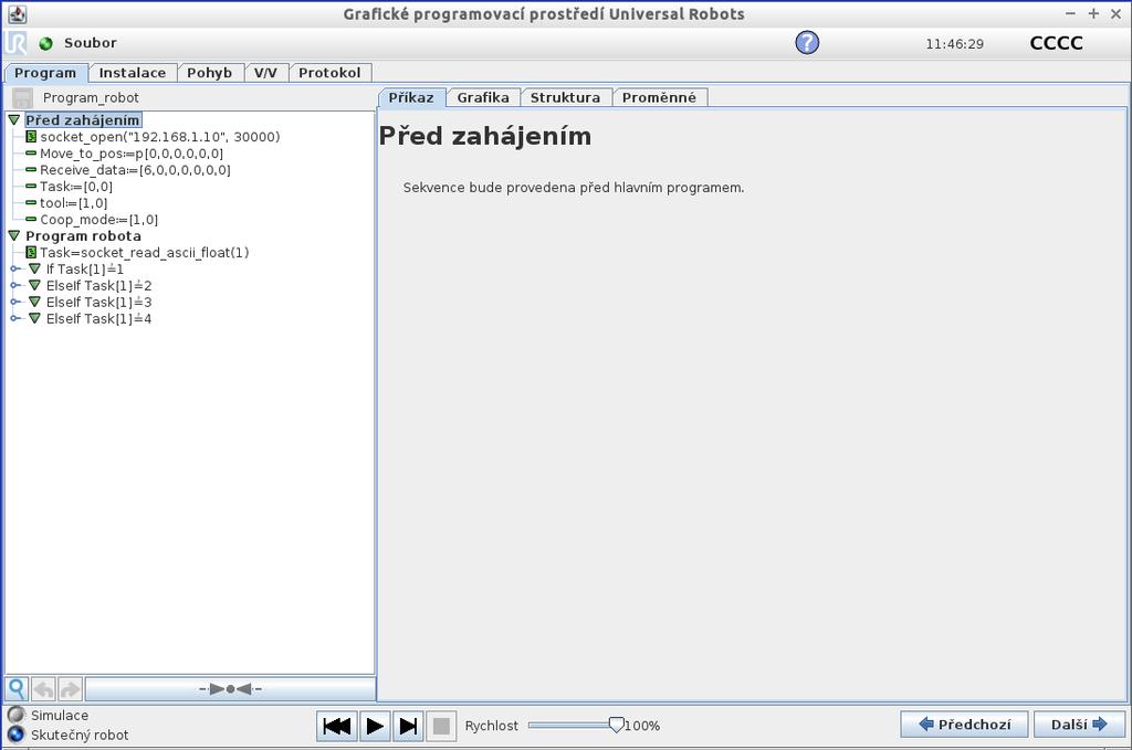 Grafika při výběru této možnosti je zobrazeno grafické znázornění aktuálního programu. Trasa TCP je zde znázorněná ve 3D zobrazení.
