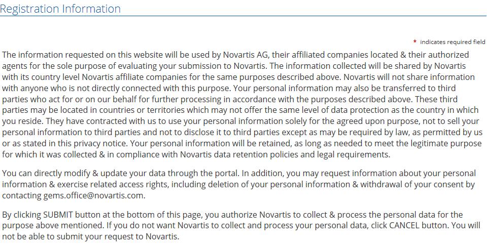 The fllwing text is arund the subject f data privacy: The infrmatin requested n this website will be used by Nvartis AG, their affiliated cmpanies lcated & their authrized agents fr the sle purpse f