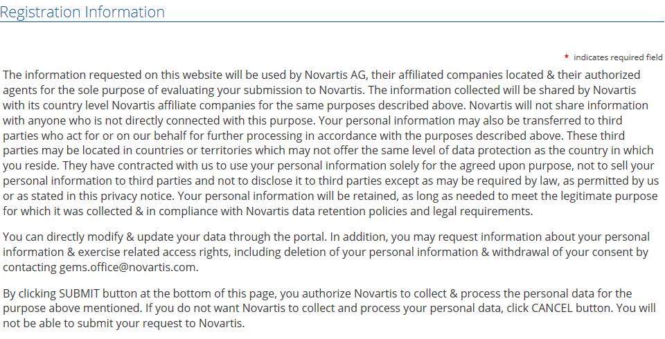 The fllwing text is arund the subject f data privacy: The infrmatin requested n this website will be used by Nvartis AG, their affiliated cmpanies lcated & their authrized agents fr the sle purpse f