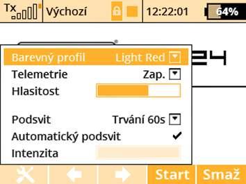 Stop/Start - začátek a konec letu, spoušť časovačů, záznam telemetrie. Z hlavní obrazovky se do hlavního menu dostanete přes tlačítko menu.