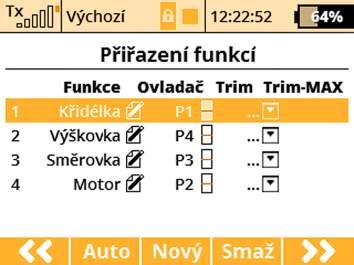 Můžete zkontrolovat, jestli letové funkce jsou správně přiřazeny ovladačům vysílače. Není-li to tak, překontrolujte nastavení módu vysílače. Potvrdíte tlačítkem F5(Další). 7.