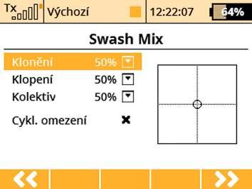 8. Menu Swash Mix je konfigurace rozsahu jednotlivých letových funkcí vrtulníku mixovaných na desce cykliky. Rozsahy jednotlivých letových funkcí jsou vyjádřeny v procentech.