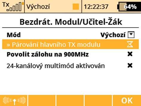 8.3.2 Alternativní postup přes menu vysílače 1. Vypněte přijímač. Vysílač nechte zapnutý. 2. Zastrčte propojku "BIND PLUG" do přijímače do vstupu EXT. 3. Připojte napájení k přijímači. 4.